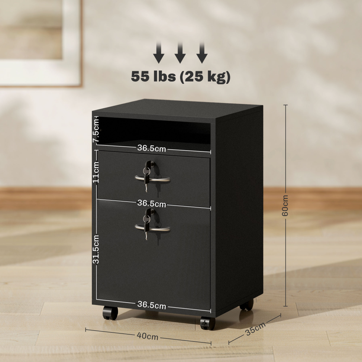 HOMCOM 60cm Mobile Storage Cabinet with Drawer, Cupboard and Open Shelf – Lockable Wheels, Black