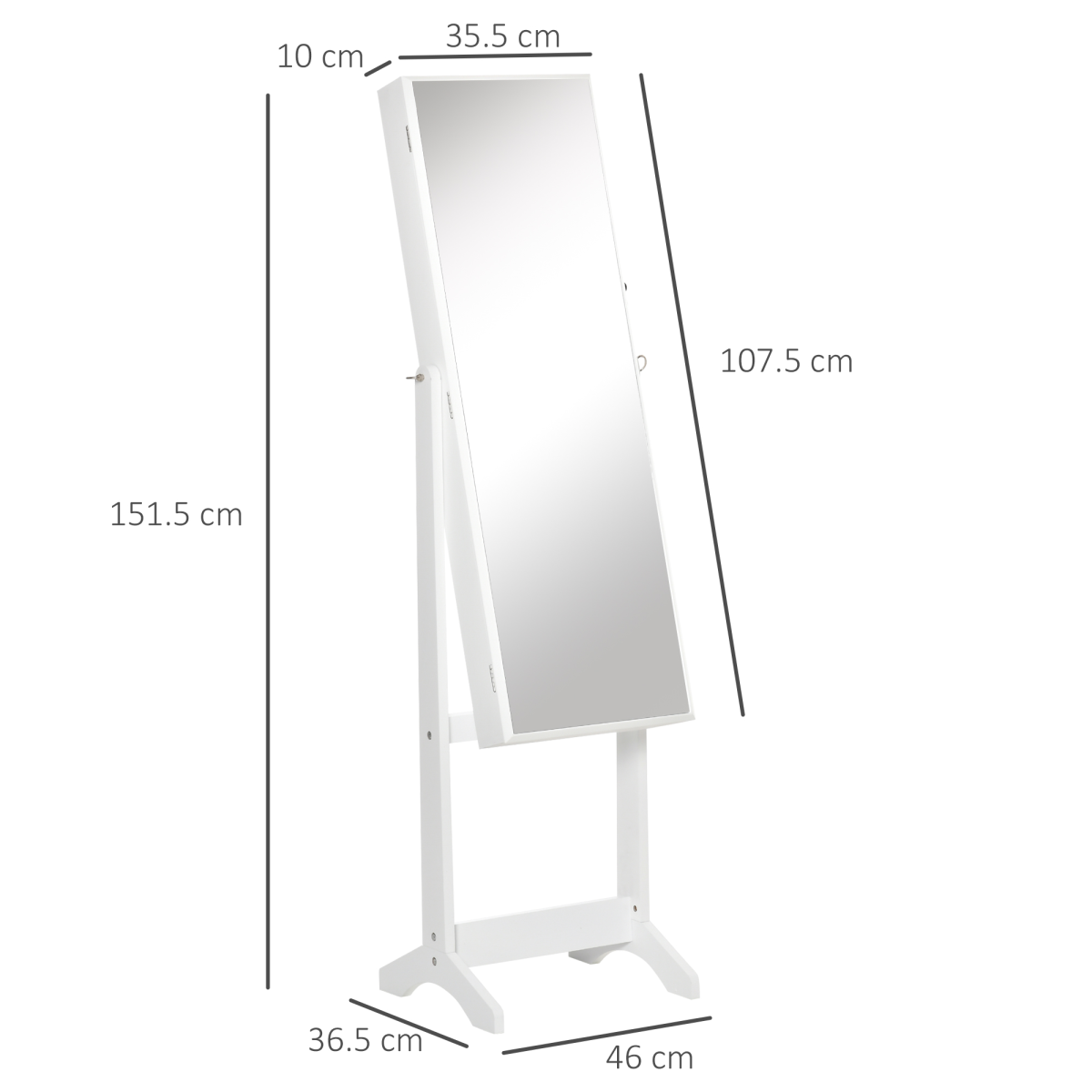 Lockable Mirrored Jewellery Cabinet with Adjustable Long Mirror, 4 Shelves & Necklace Hooks – White Armoire