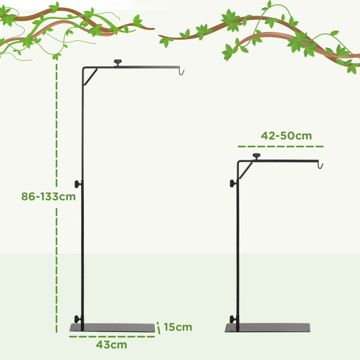 PawHut Reptile Lamp Stand with 86-129cm Adjustable Height, Steel Base & Hook – Heat Lamp Holder, Black