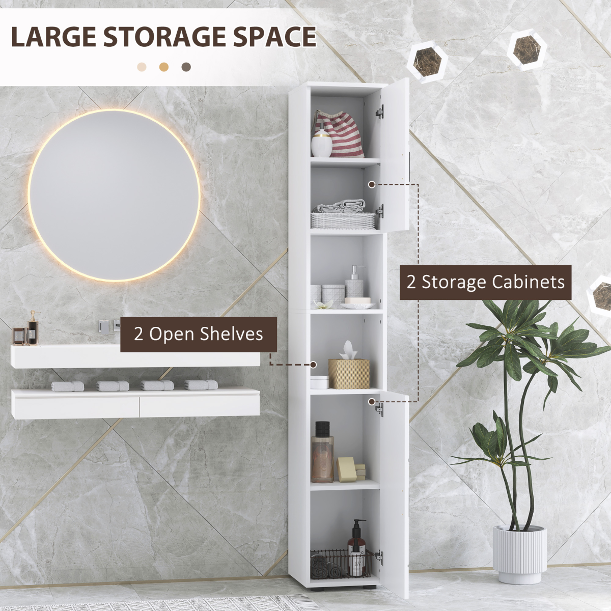 kleankin Tall Slim Bathroom Cabinet with Soft Close Doors & Open Shelves – Freestanding Storage, White