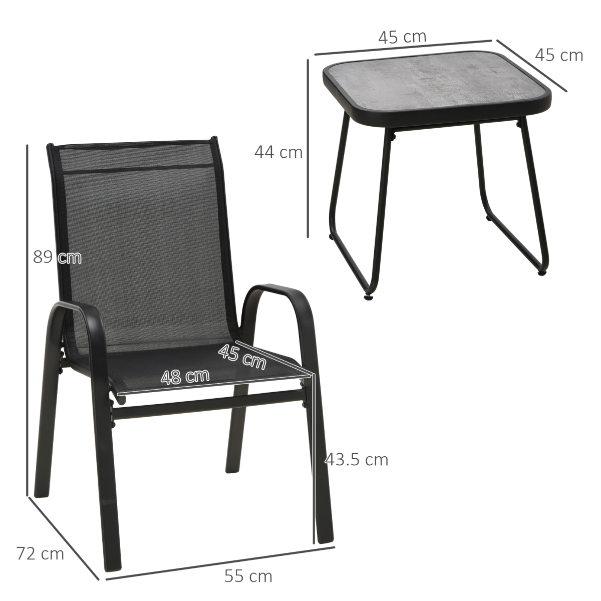 Outsunny 3-Piece Bistro Set with 2 Stackable Mesh Armchairs & Coffee Table – Steel Frame Patio Set, Black