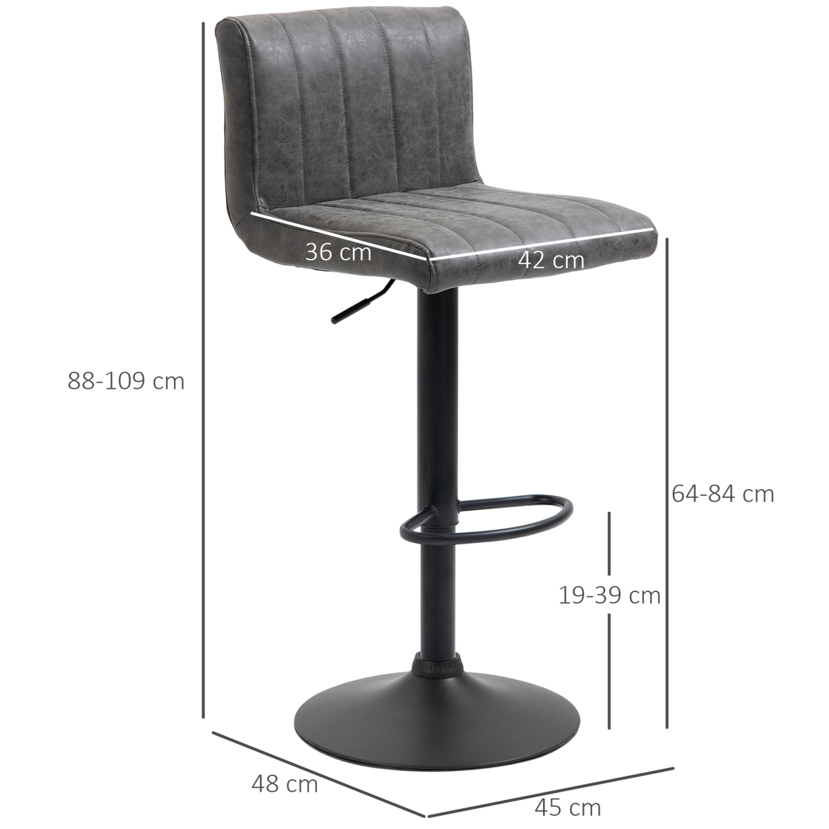 HOMCOM Set of 2 PU Leather Adjustable Bar Stools with Footrest – Swivel Counter Seating, Grey