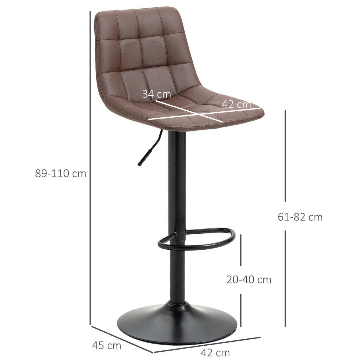 HOMCOM Set of 2 Adjustable Swivel Bar Stools with Footrest – Quilted Faux Leather Home Pub Stools, Brown