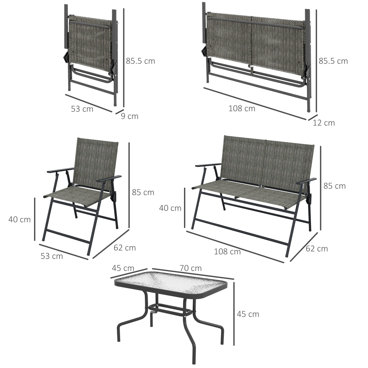 Outsunny Foldable Patio Furniture Set with 2 Armchairs, Loveseat & Glass Side Table – Garden Seating, Grey/Brown