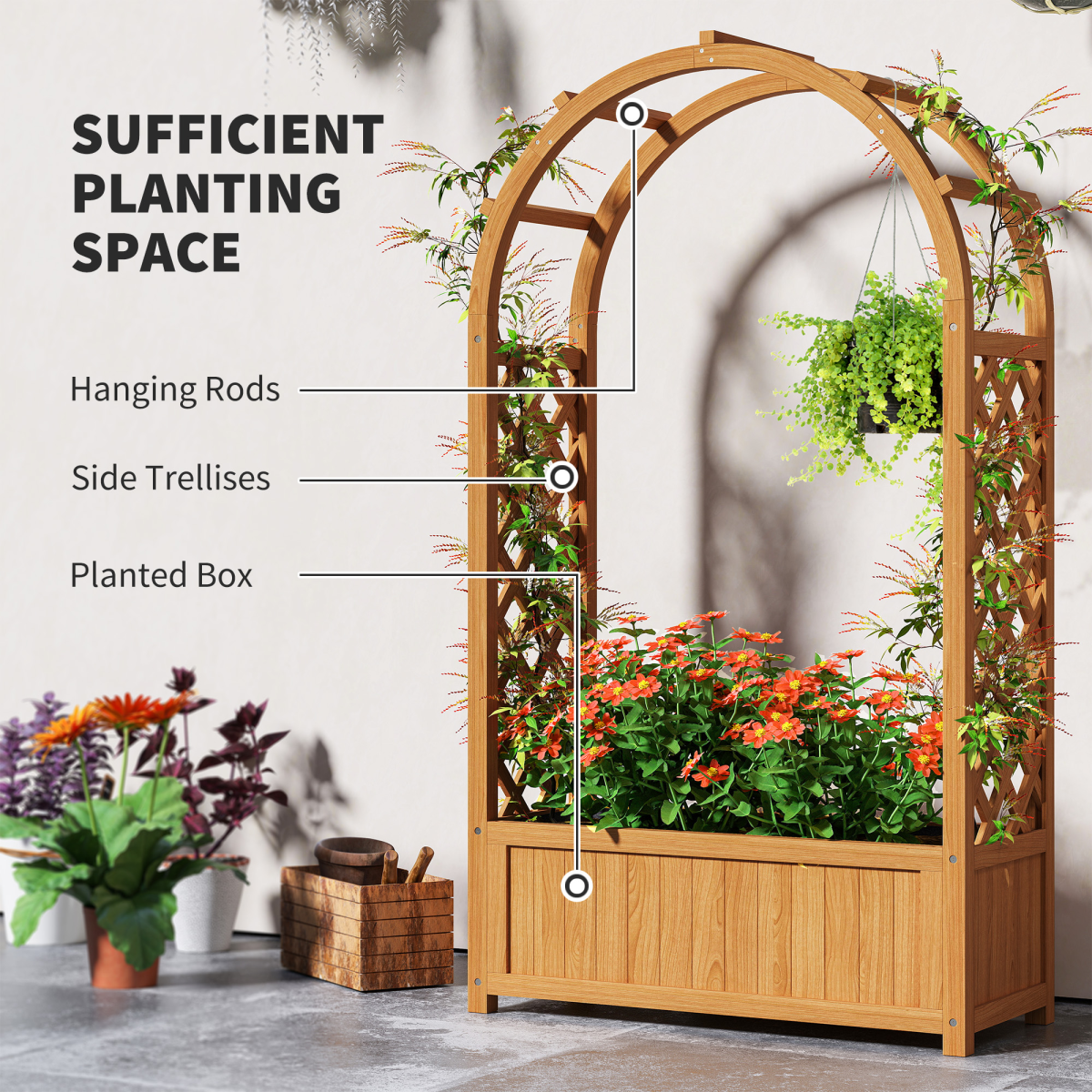 Outsunny Wooden Raised Garden Bed with Side & Arch Trellises, Drainage Holes & Fabric Liner – Fir Wood