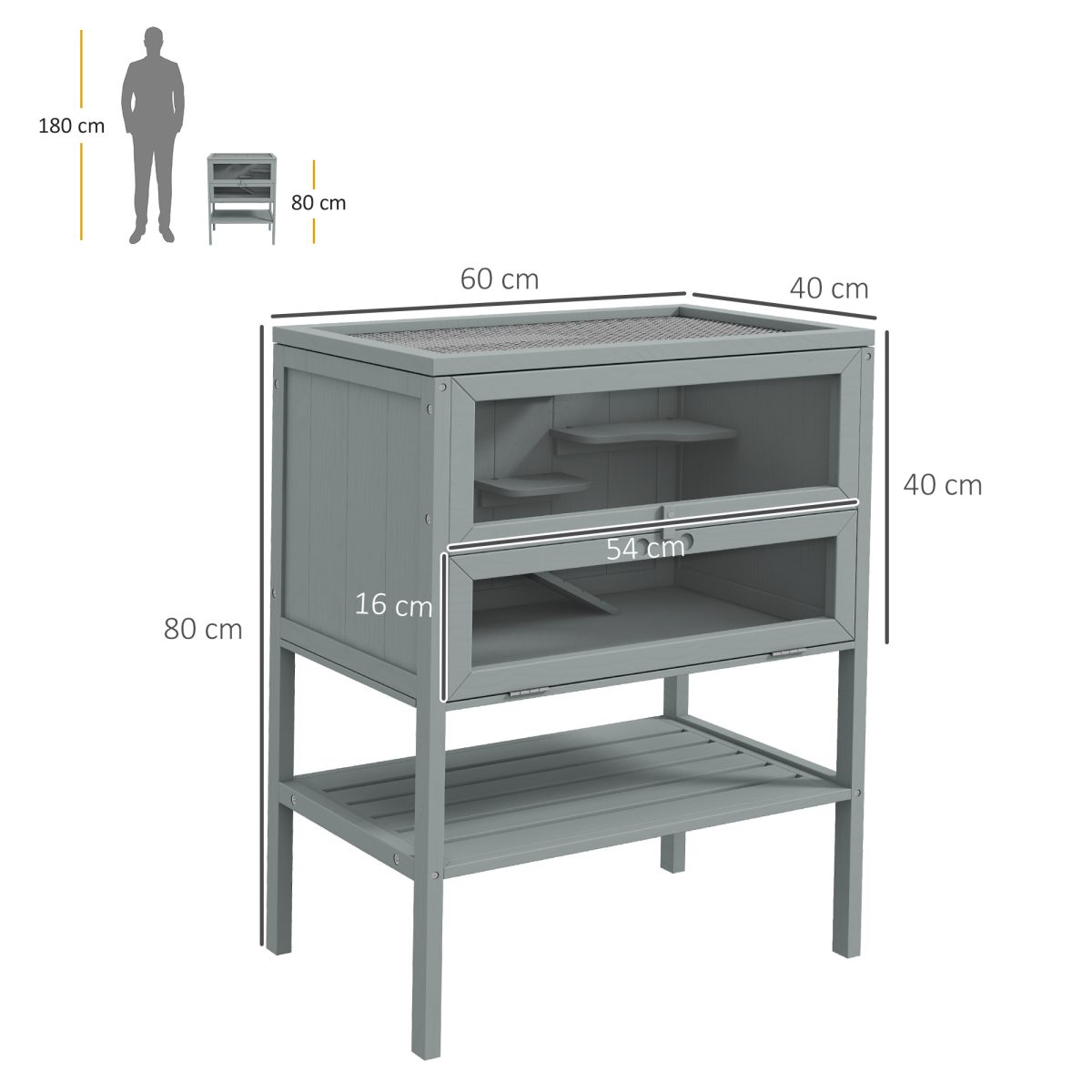 PawHut Wooden Hamster Cage with Storage Shelf & Openable Top – Multi-Platform Small Animal Habitat, Grey