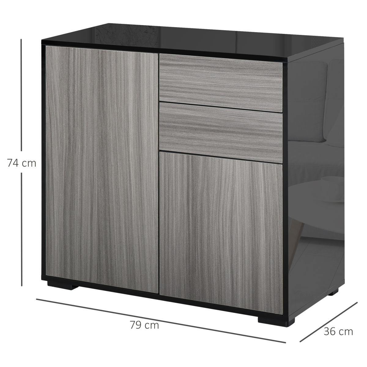 Glossy and Matte Side Cabinet with 2 Doors and 2 Drawers – Push-Open Home Office Storage, Grey and Black