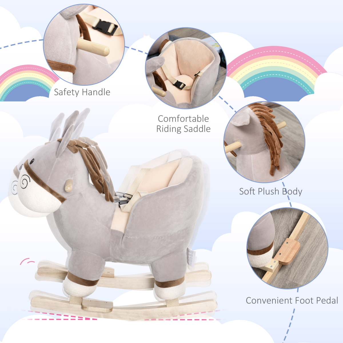 Kids Plush Donkey Rocking Horse with Steel Frame, Seat Belt & Footrest – Ride-On Toy for 18-36 Months, Grey