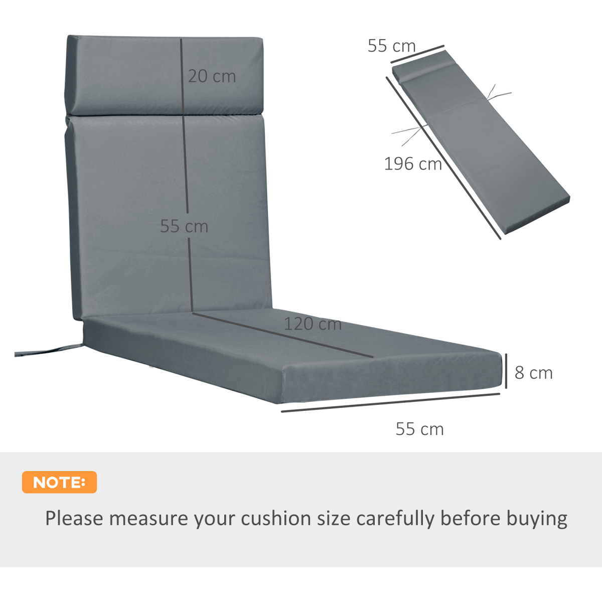 Outsunny Set of 2 Deep Seat Lounger Cushions with Corner Ties, Thick Cotton Filling – Outdoor Patio Cushions, Dark Grey