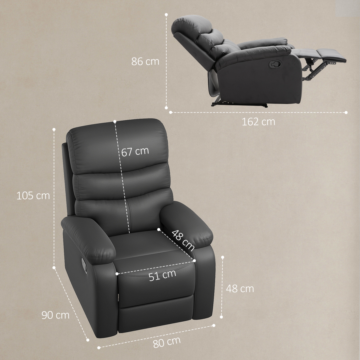 HOMCOM Manual Recliner Armchair with Retractable Footrest and Thick Padding – Living Room Chair, Black