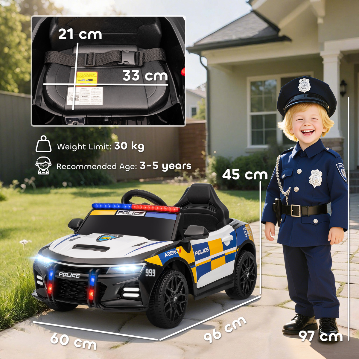 Kids Electric Police Car with 2.4G Remote Control, Lights, Siren & MP3 – 12V Ride-On for Ages 3-5
