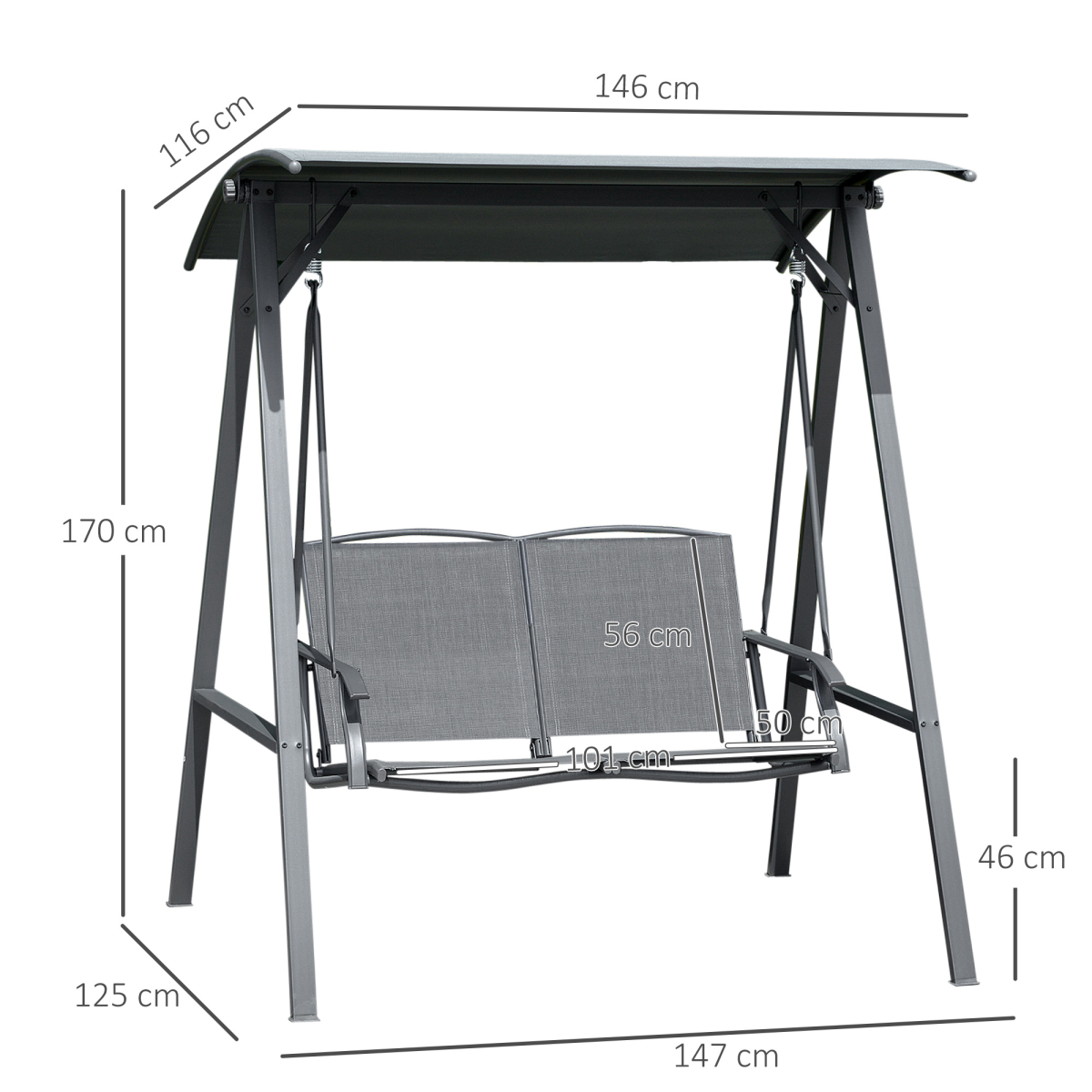Outsunny 2-Seater Garden Swing Chair with Adjustable Tilting Canopy and Metal Frame – Patio Seat, Grey