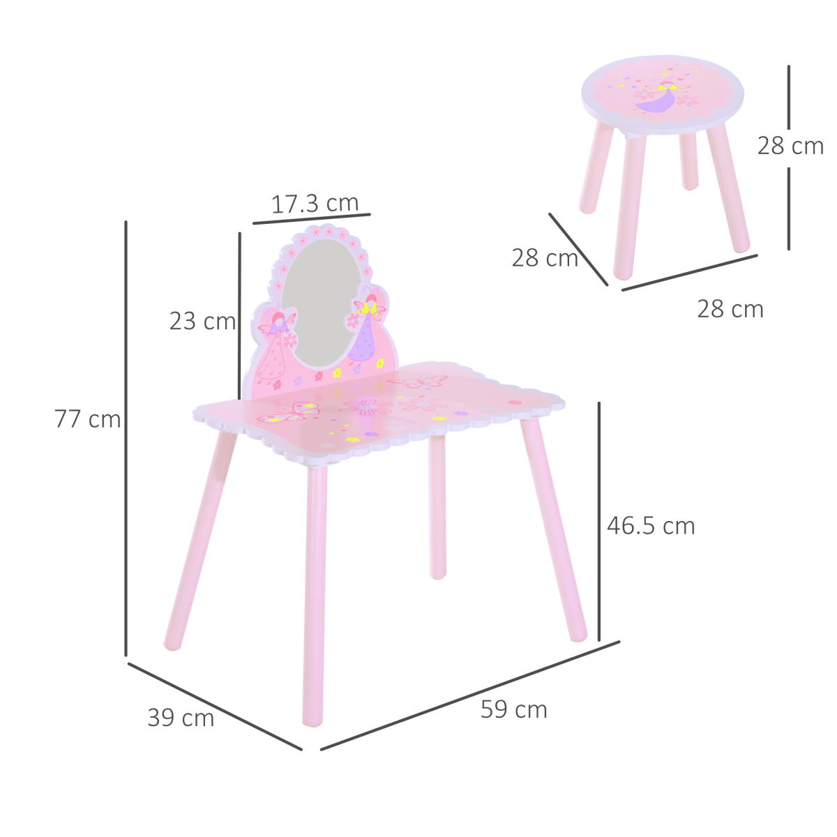 HOMCOM Kids Dressing Table and Chair Set with Mirror – Pink Make-Up Play Desk with Butterfly Patterns