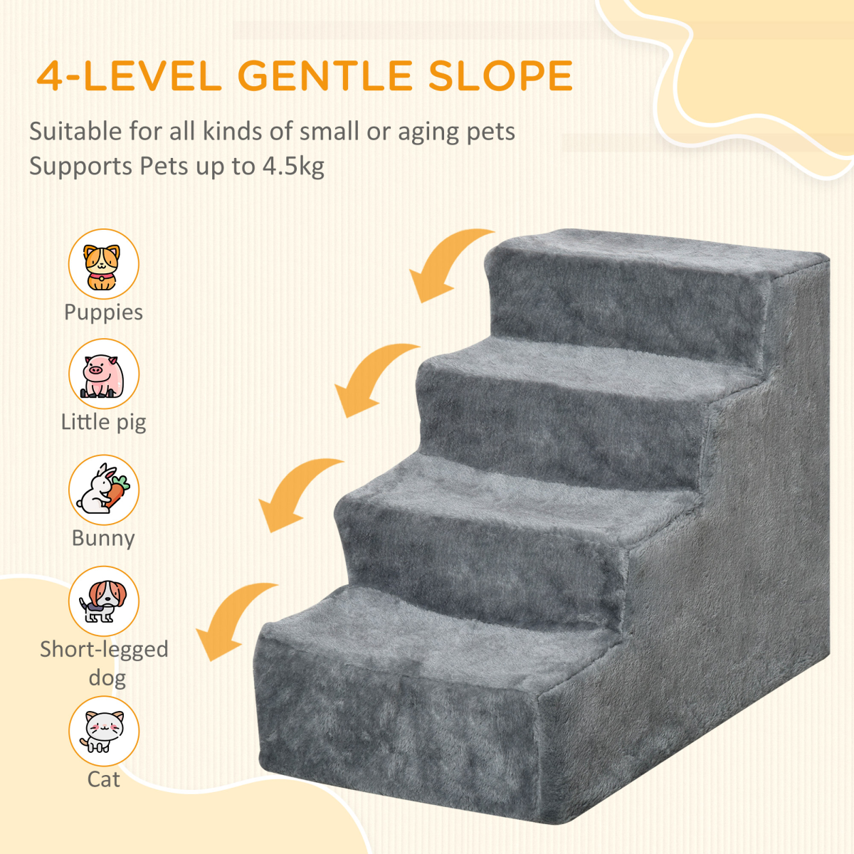Four-Level Pet Stairs with Soft Flannel Cover – Sturdy Steps for Cats and Small Pets, Light Grey