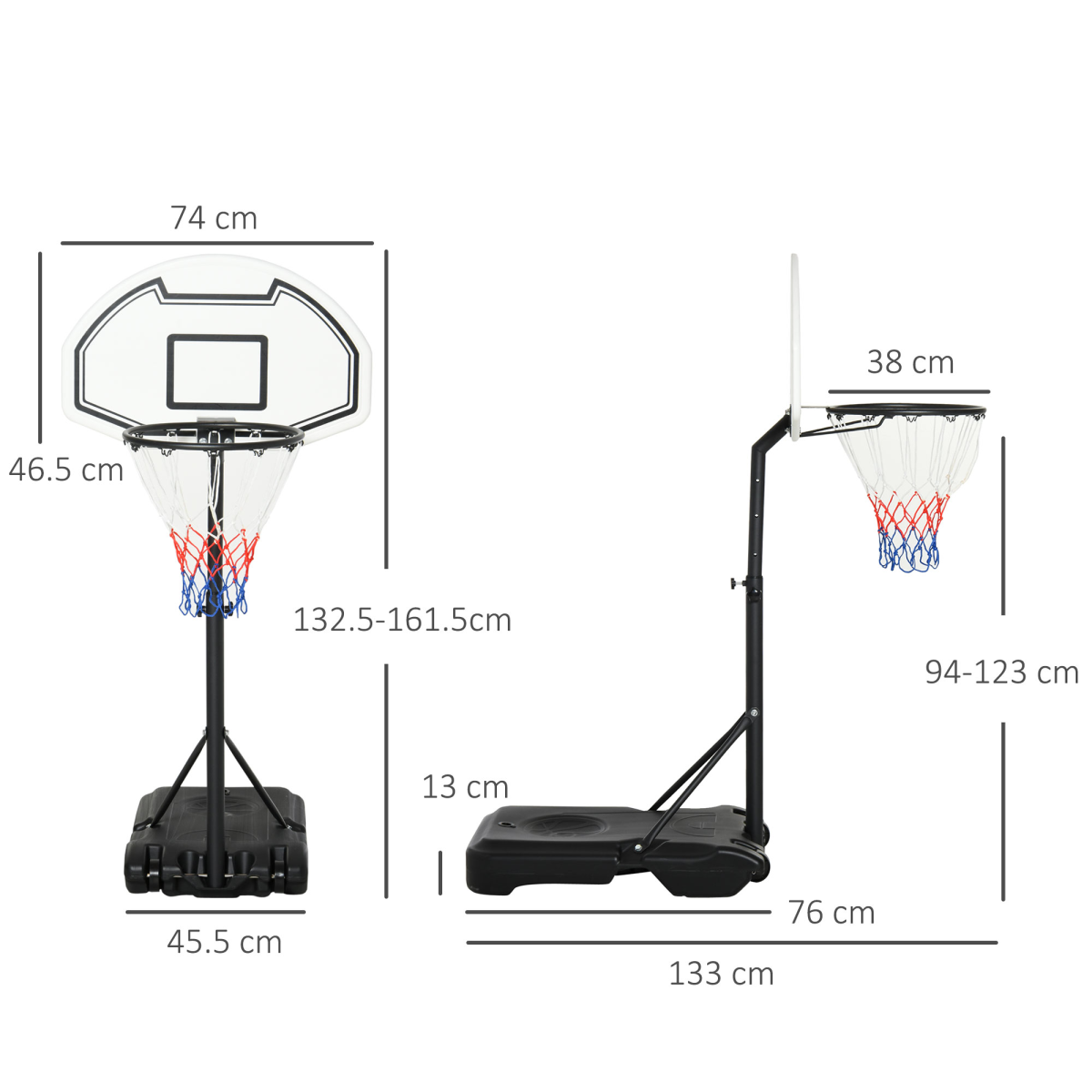 HOMCOM Poolside Basketball Hoop and Stand with Height-Adjustable Hoop 94-123cm, Water or Sand Fillable Base