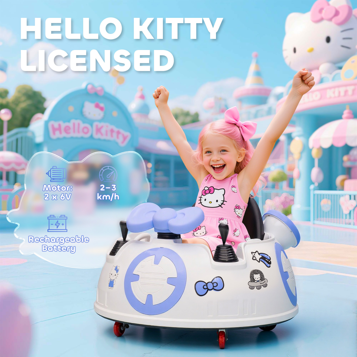 Hello Kitty 6V Electric Ride-On Bumper Car with Joystick, Remote Control & Music – Kids Ages 18-60 Months