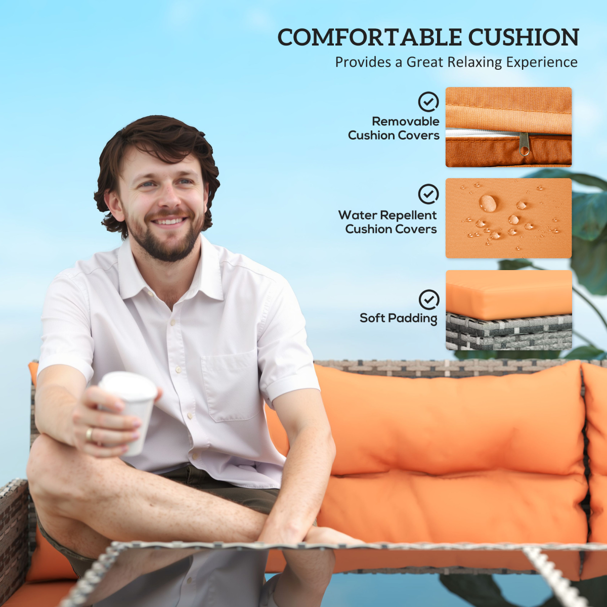 Outsunny 6 Piece Patio Wicker Sofa Set with Footstool and Coffee Table, Rust-Resistant Frame, Orange