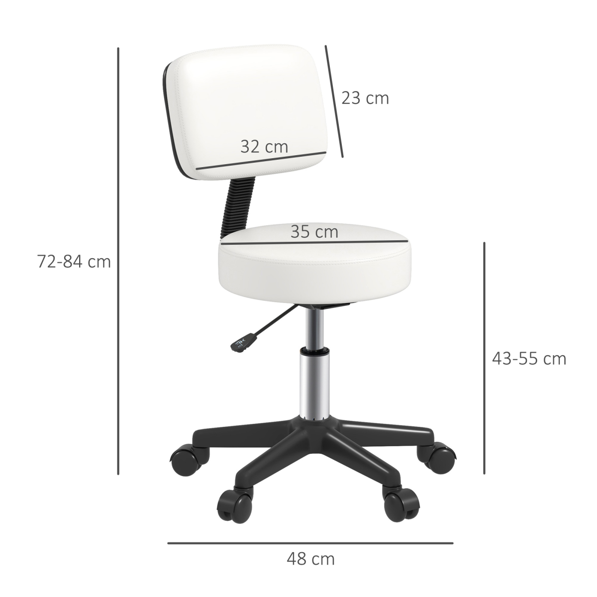 HOMCOM Adjustable Swivel Salon Chair with Padded Seat & 5 Wheels – Height 43–55cm, White
