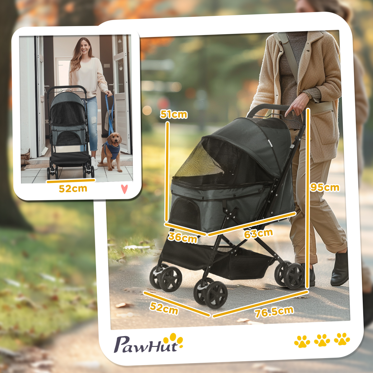 Pawhut Foldable Dog Pet Stroller with Reversible Handle, Canopy and Storage Basket – Travel Carriage, Grey