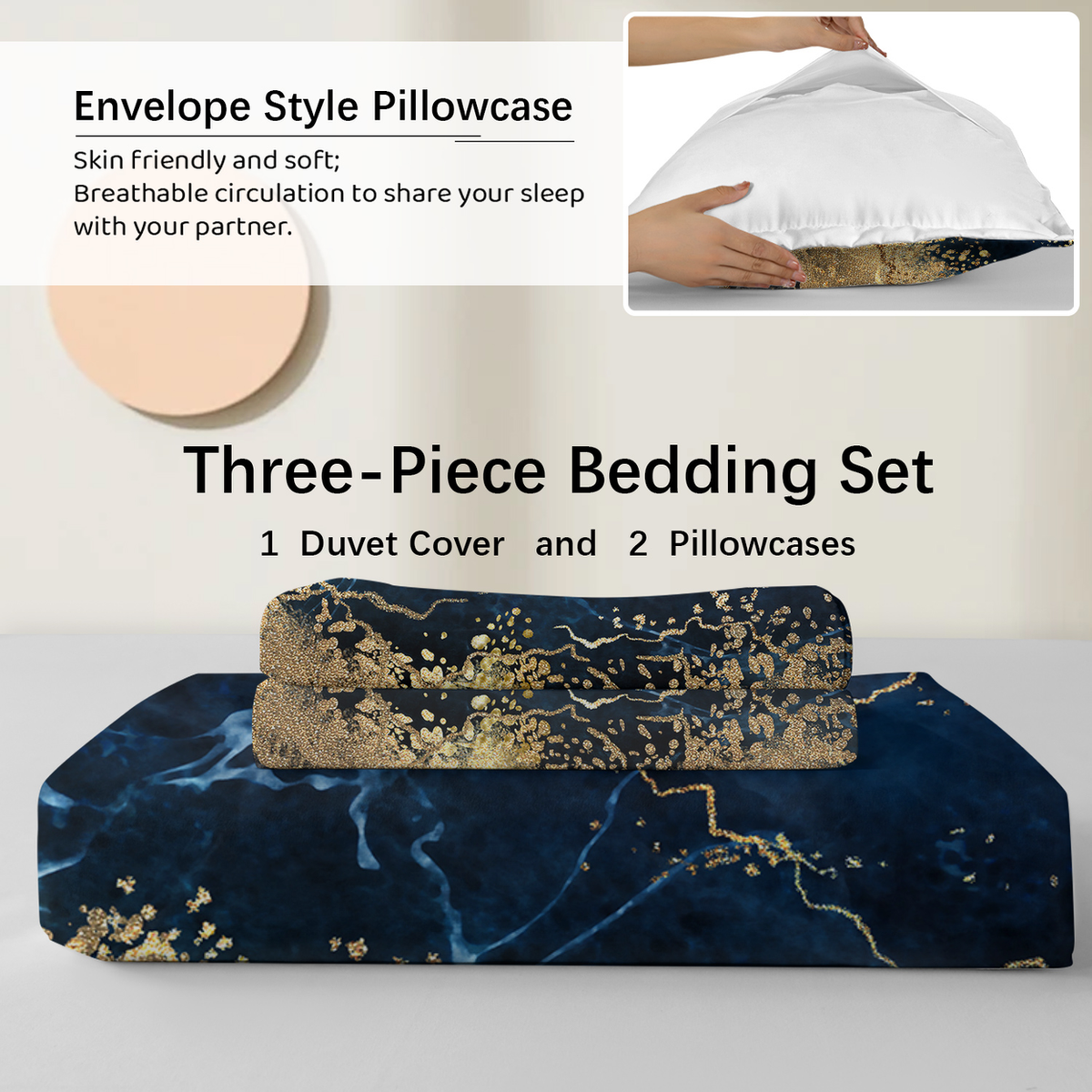 Marble Print Duvet Cover Set with 2 Pillowcases – White Marble and Gilded Navy Blue Design, Double