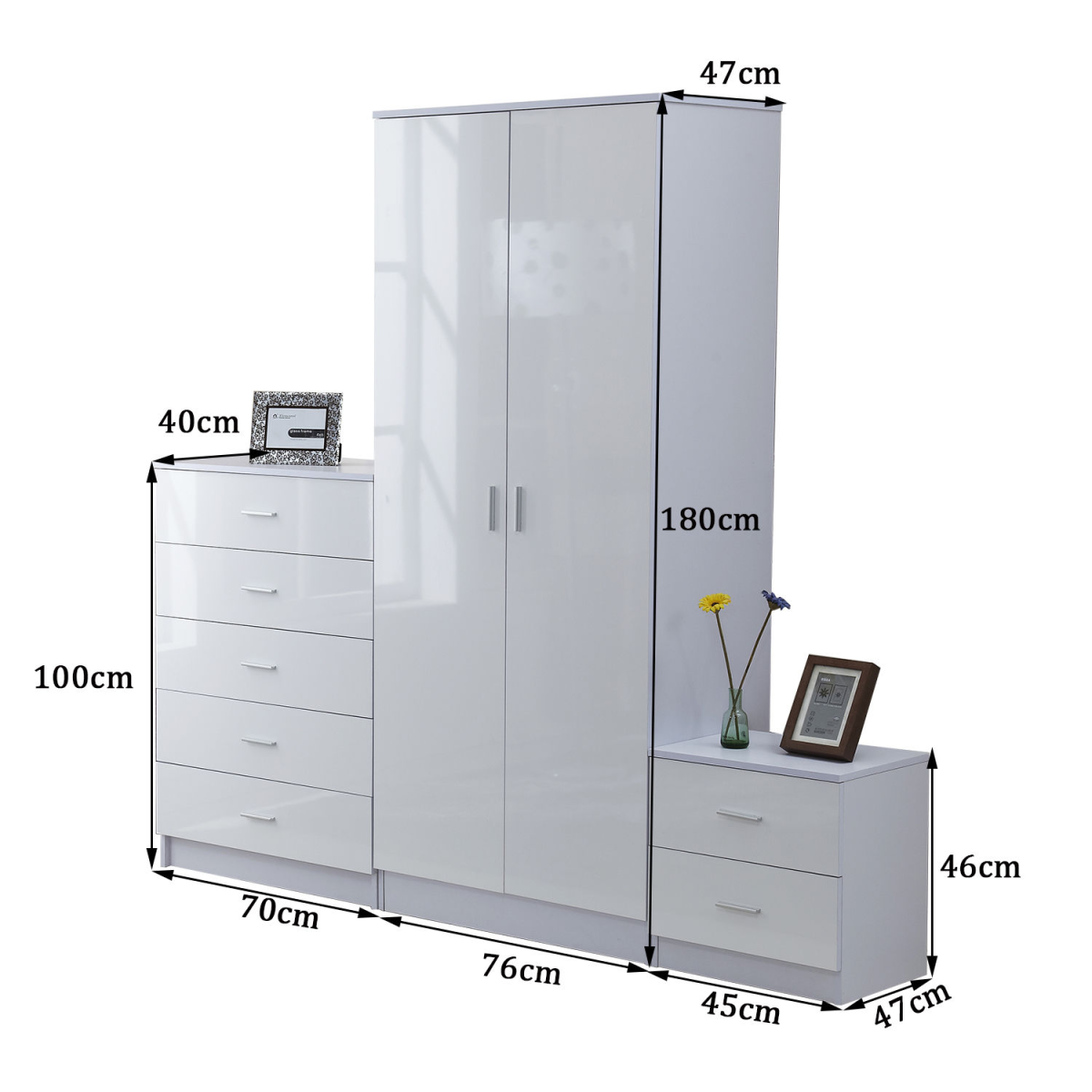 HOMCOM 3 Piece High Gloss Bedroom Furniture Set with Wardrobe, 5 Drawer Chest & Bedside Table – Tall, White