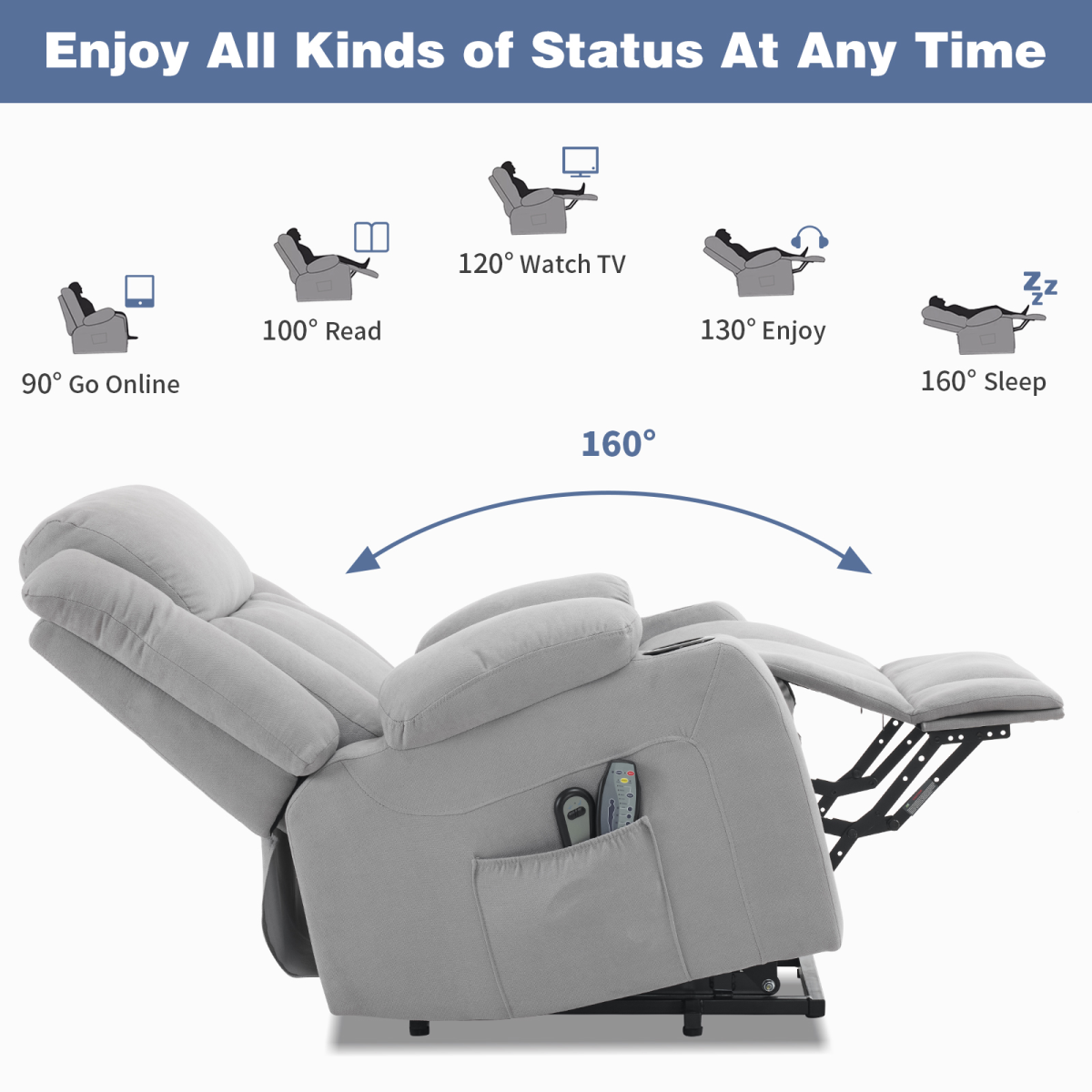 Electric Riser Recliner Chair with 8-Point Massage & Heat – Grey Fabric Lift Chair for Less Mobile Users