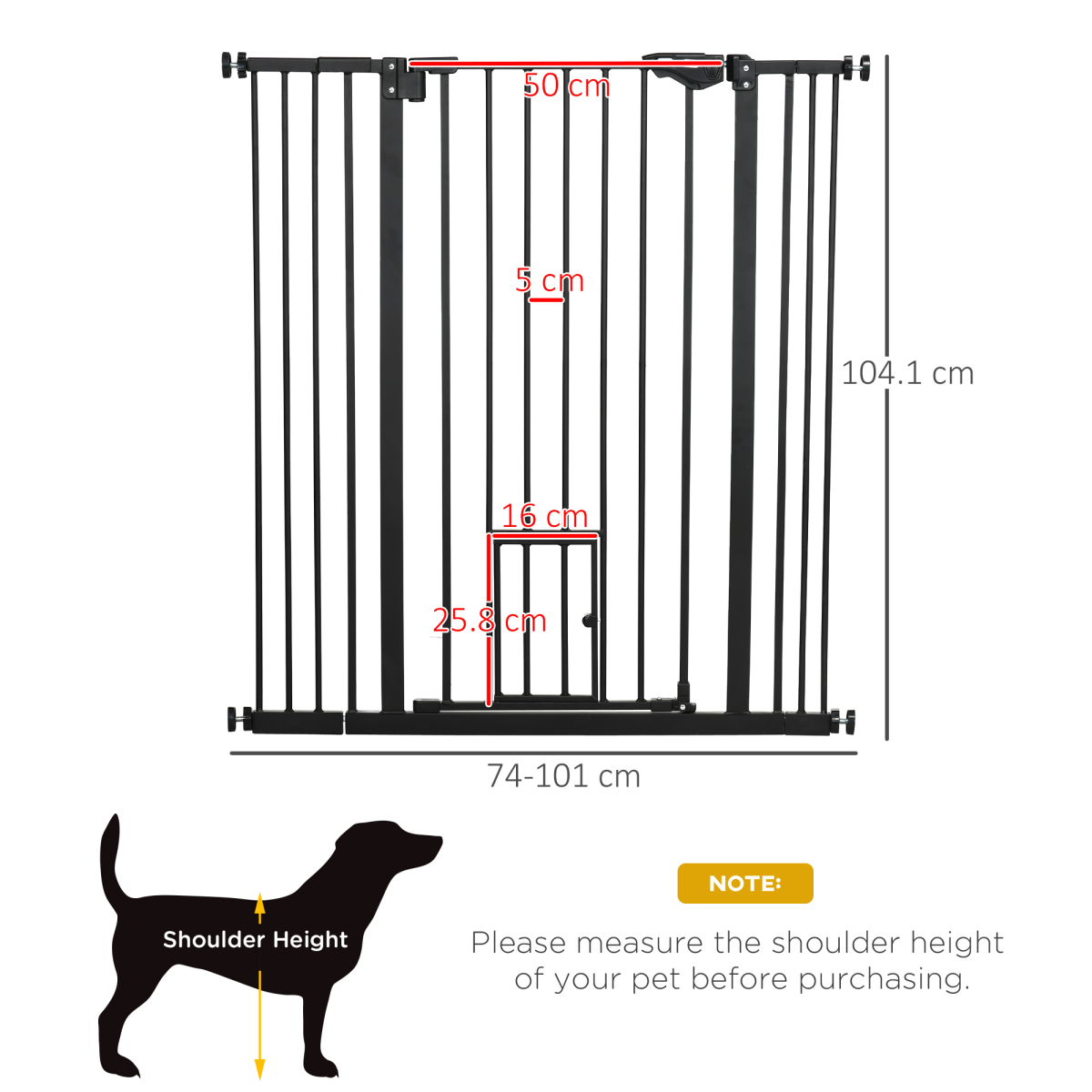 PawHut Extra Tall Dog Gate with Cat Door and Auto-Close, Steel Stair Gate for Doorways, 74-101cm Wide