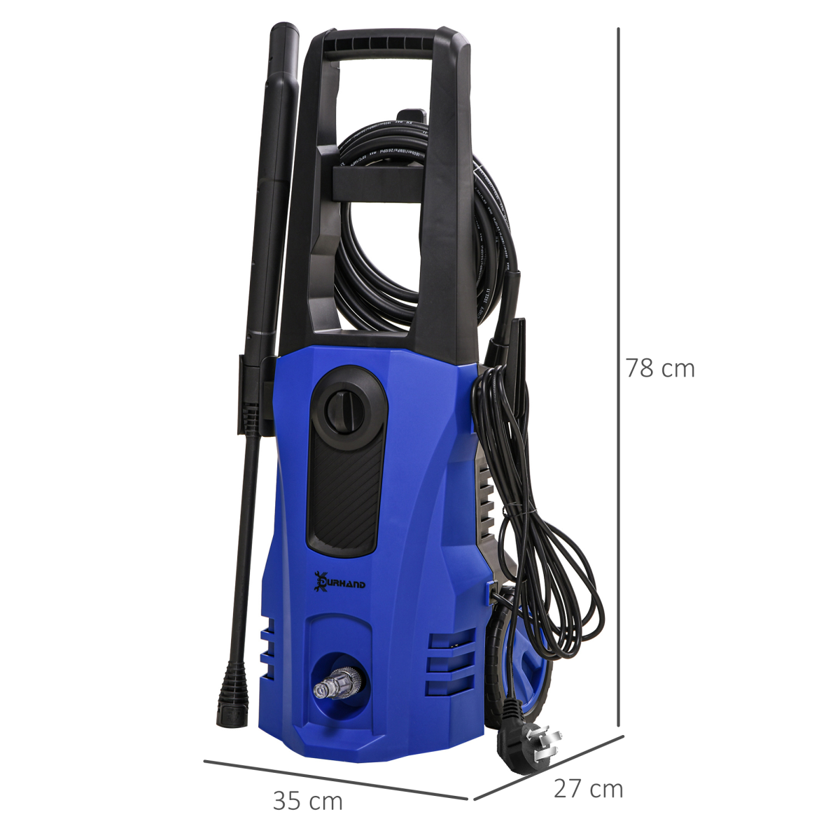 DURHAND 1800W Pressure Washer, 150 Bar, 510 L/h with Snow Foam Bottle & Hose Reel – Car & Patio Cleaner, Blue