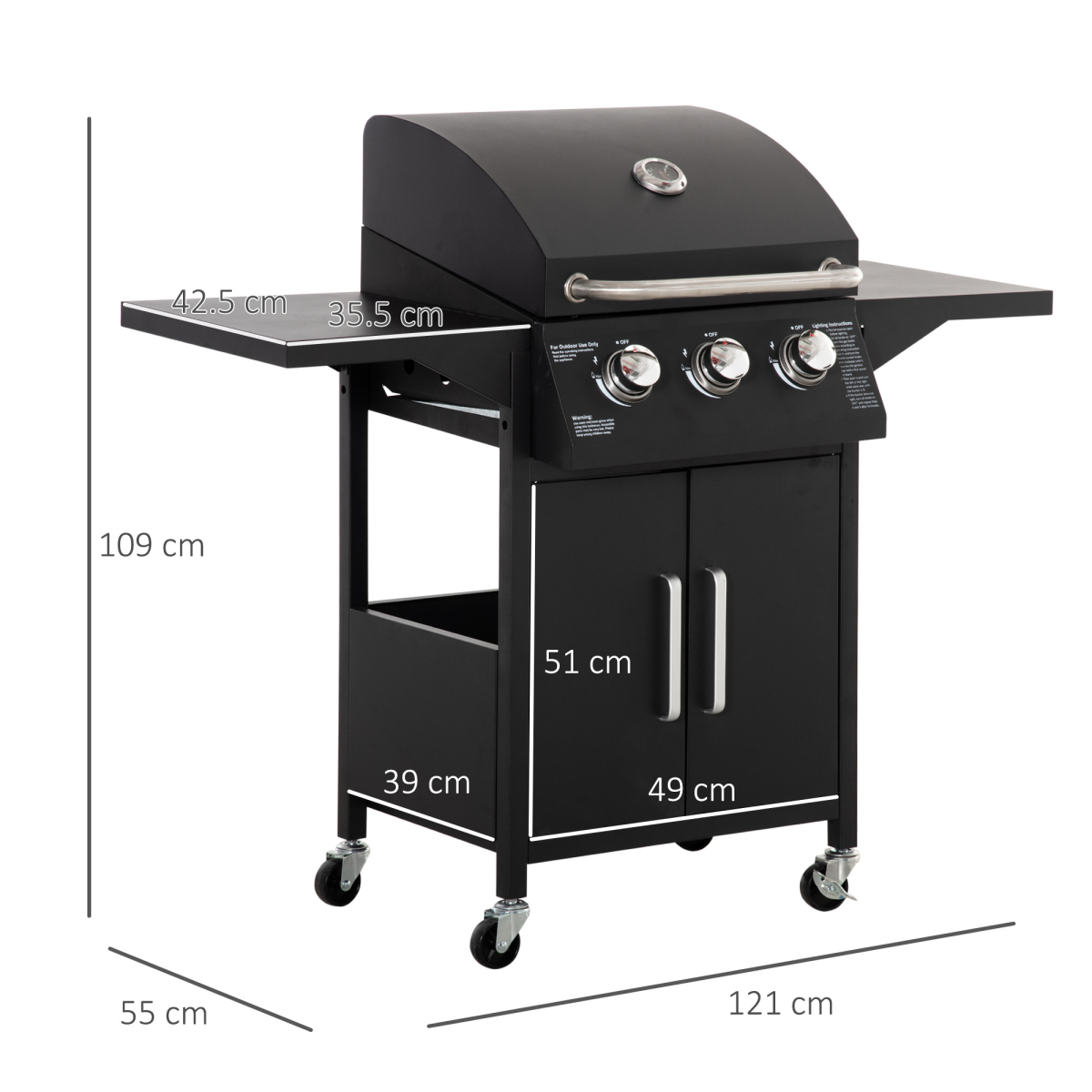 Outsunny 3 Burner Gas BBQ Grill Trolley with Warming Rack, Storage Cabinet & Piezo Ignition