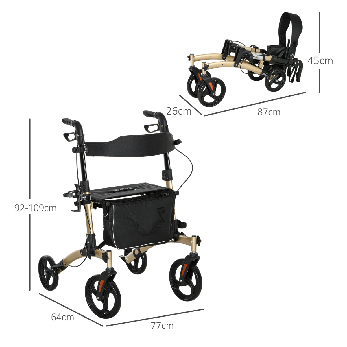 HOMCOM Lightweight Aluminium Folding Rollator Walker with Seat, Storage Bag & 4 Wheels – Mobility Aid