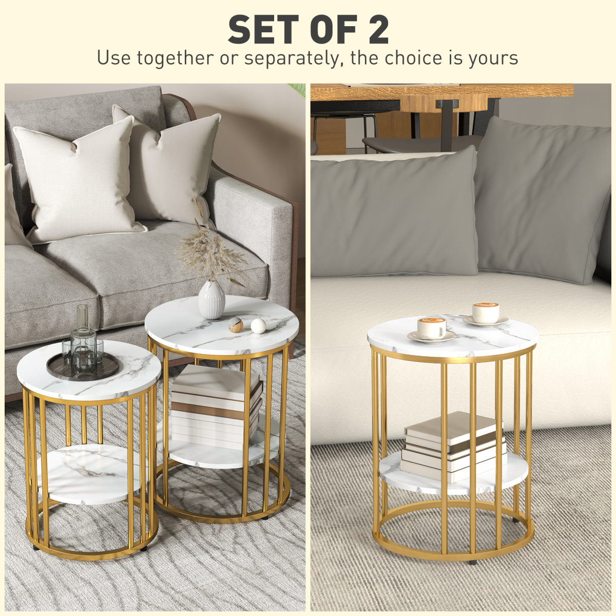 HOMCOM Set of 2 Marble-Effect Two-Tier Tables with Gold Tone Steel Legs – Coffee & Side Tables, White