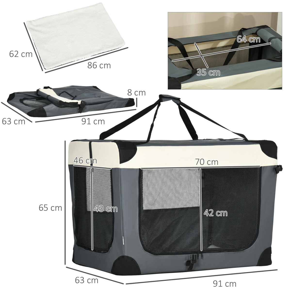 Pawhut 91cm Foldable Pet Carrier with Cushion & 3 Zipped Doors – Soft Bag for Large Dogs and Cats, Grey