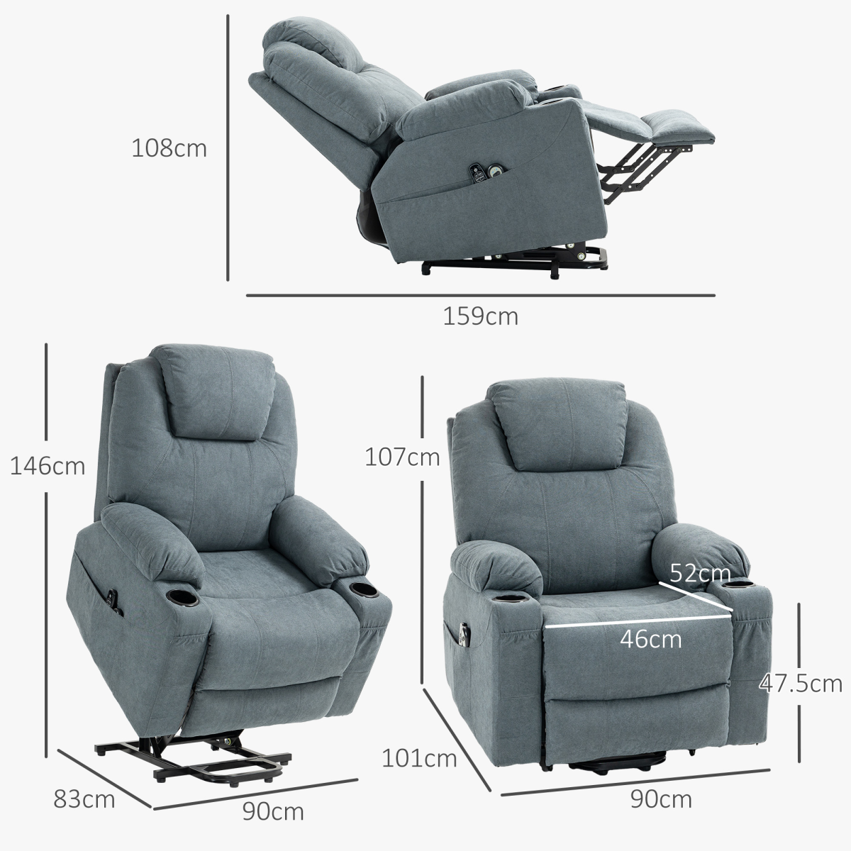 HOMCOM Lift Chair with Vibration Massage & Heat, 45° Lift and Recline – Riser Recliner, Grey