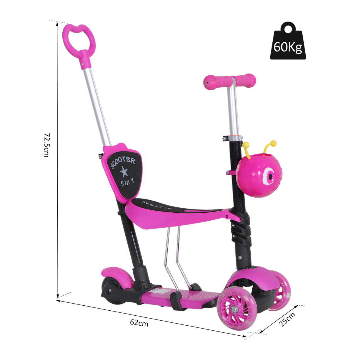 HOMCOM 5-in-1 Kids Kick Scooter with Removable Seat & Height-Adjustable Handle – Lean-to-Steer Toddler Scooter