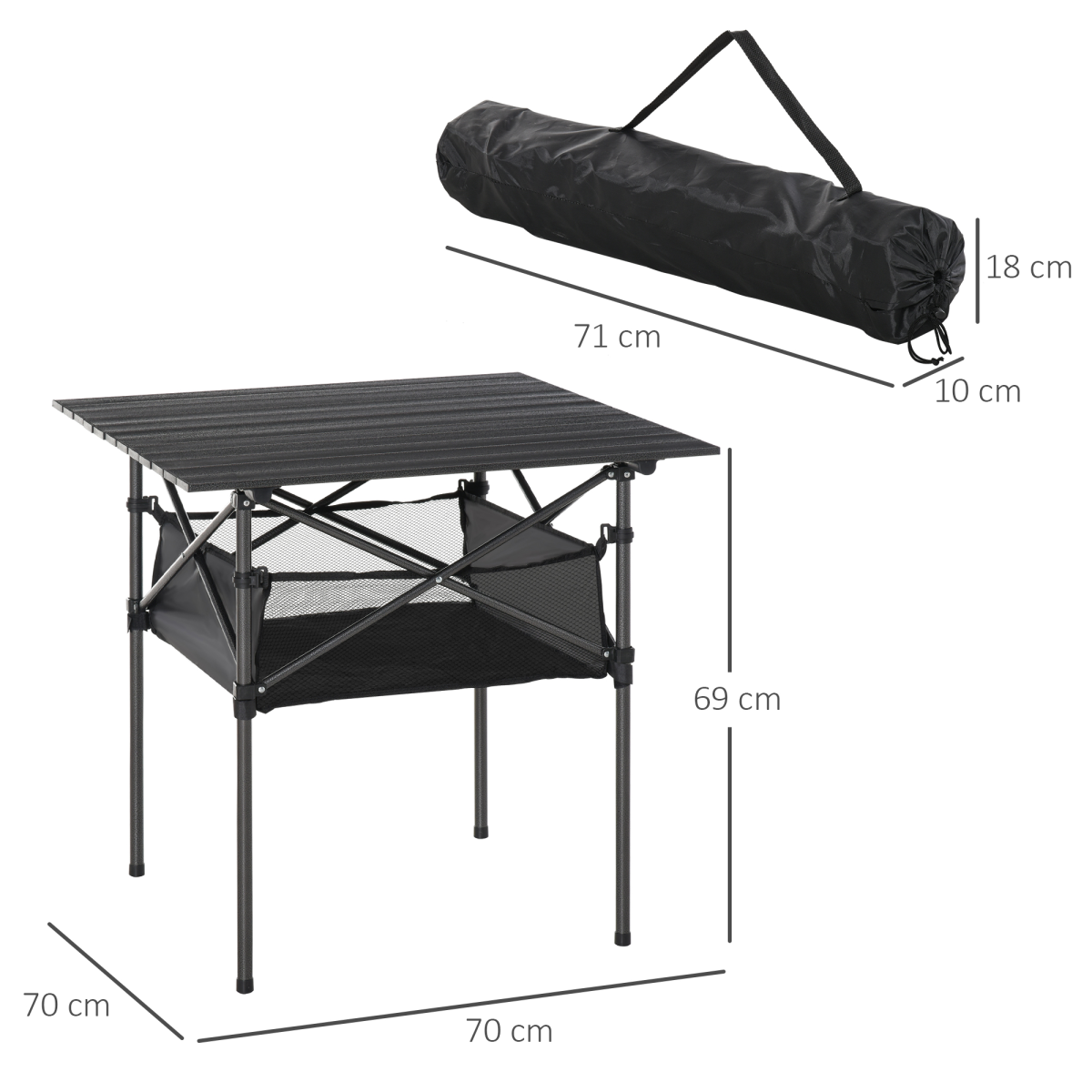 Aluminium Roll-Top Folding Camping Table with Mesh Storage Bag – Portable Picnic Table, Black