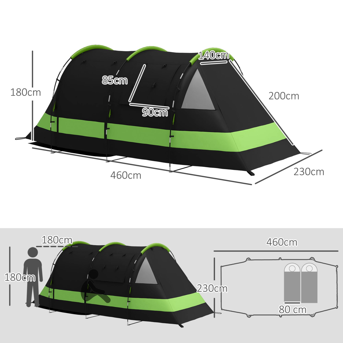 Outsunny Blackout Camping Tent with Bedroom & Living Room, 3000mm Waterproof – 4–5 Person Family Tent, Black