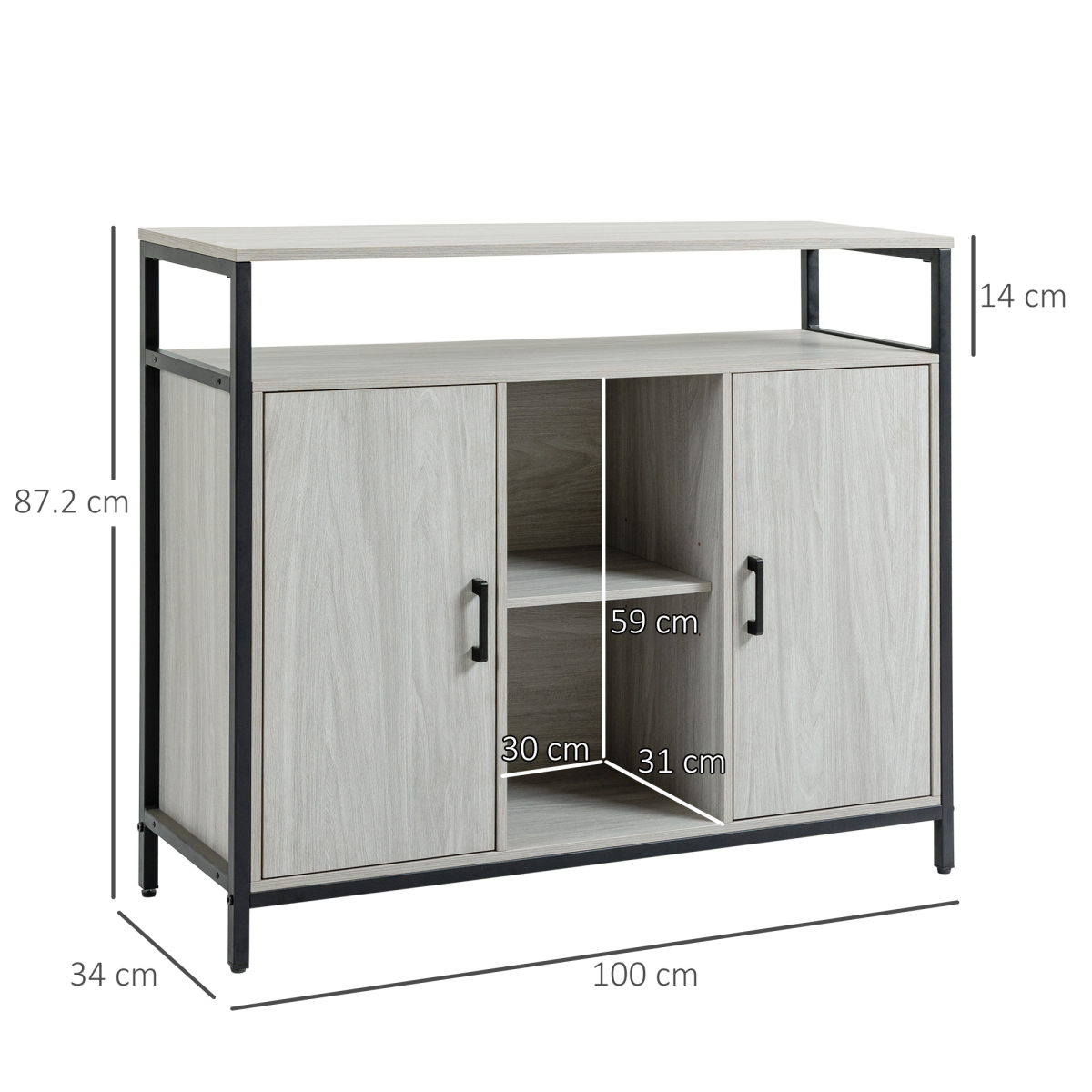 HOMCOM Sideboard with Steel Frame, 2 Doors and Adjustable Shelves – Hallway Storage Cabinet, Light Grey
