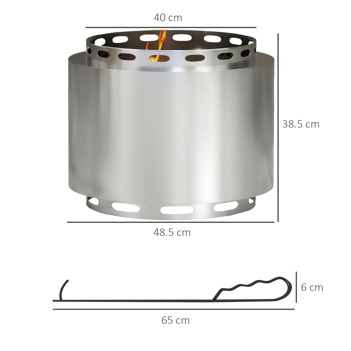 Outsunny Smokeless Wood Burning Fire Pit with Secondary Combustion & Poker, 48.5cm Stainless Steel – Garden Patio Heater, Silver