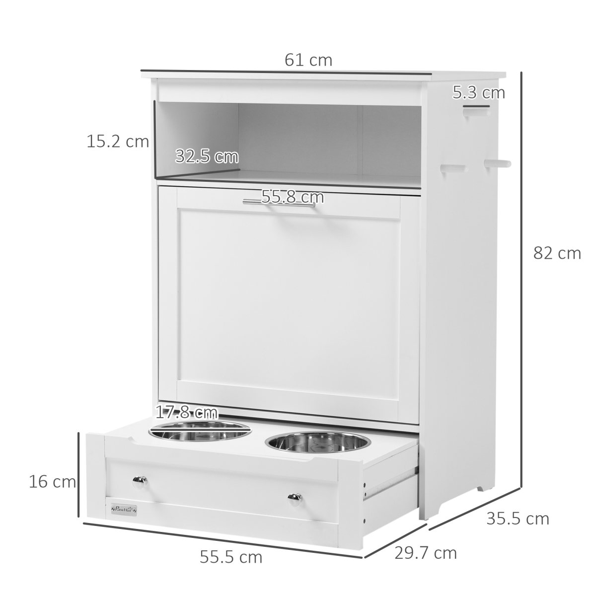 PawHut Pet Feeder Station with Two Removable Bowls & Storage Cabinet – Dog and Cat Feeding Table, White