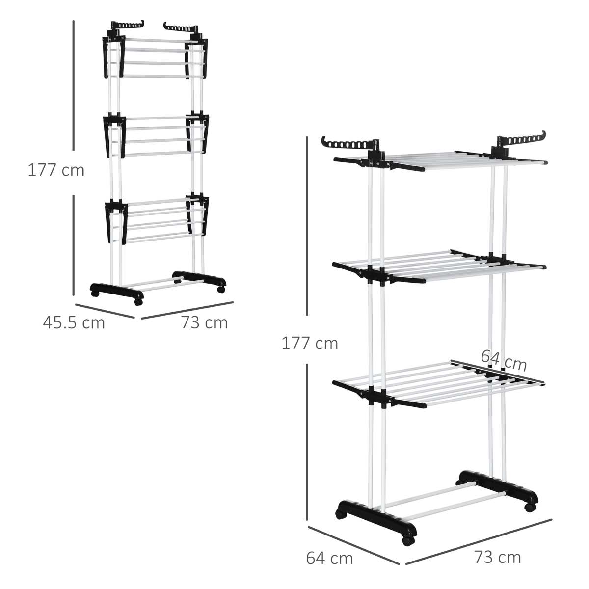 HOMCOM Foldable 3-Tier Clothes Drying Rack with Wheels and Brakes – Steel Garment Airer, Black
