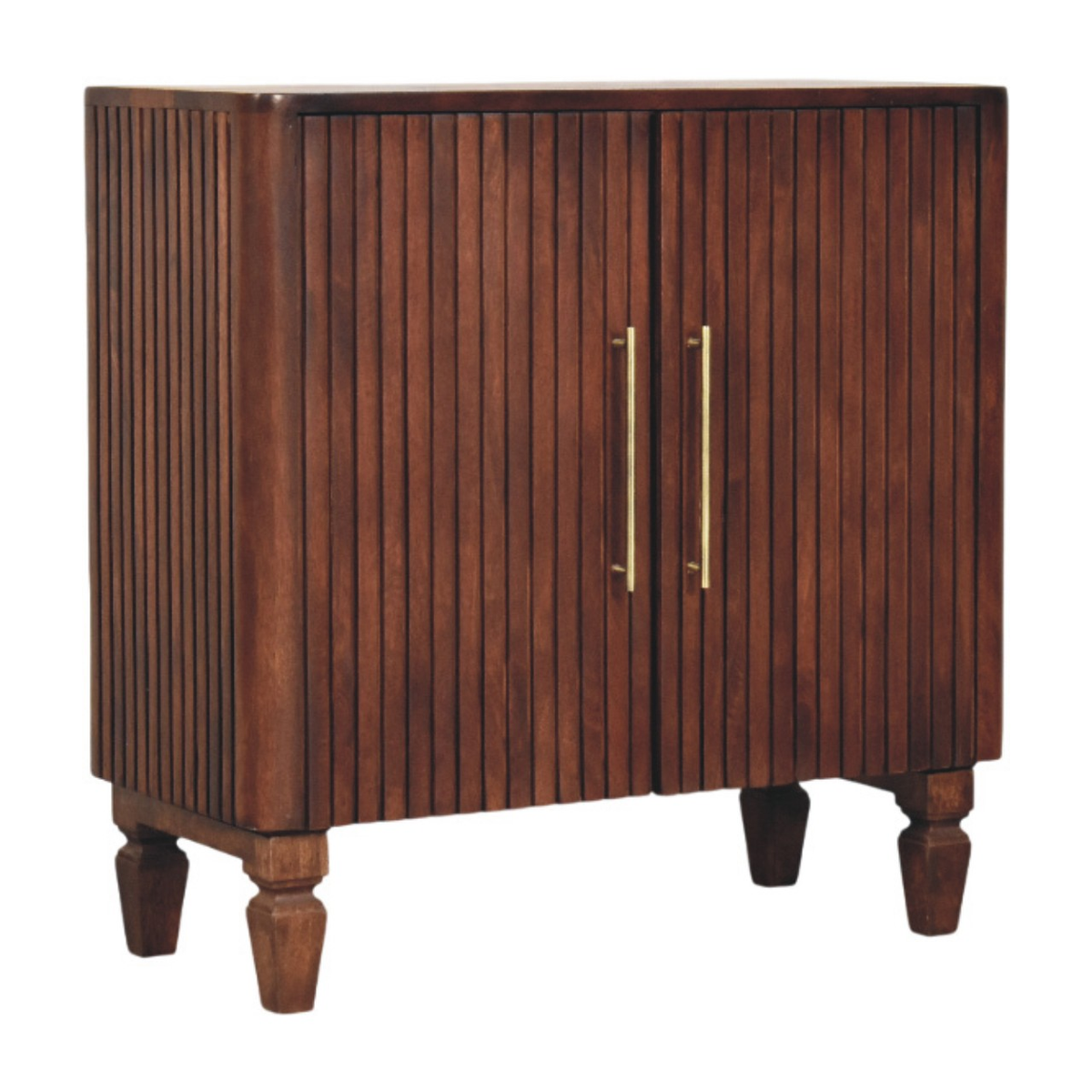 Artisan Furniture Cavallo Solid Mango Wood Cabinet with 2 Doors & Fluted Detailing – Brass Handles, Winewood Oak