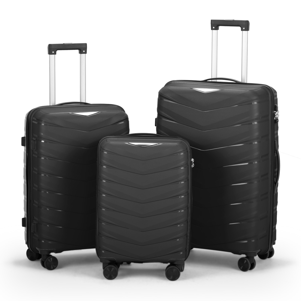 3-Piece V-Stripe Trolley Luggage Set, 20", 24" & 28" PP Suitcases with Iron Handles, Black