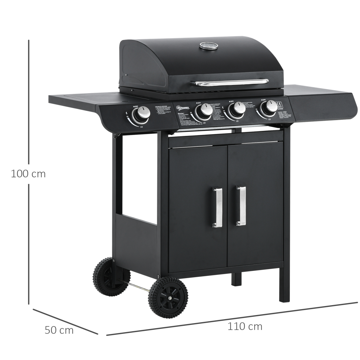 Outsunny Deluxe 3+1 Burner Gas BBQ Grill Trolley with Side Burner and Warming Rack, 110 x 50 x 100cm