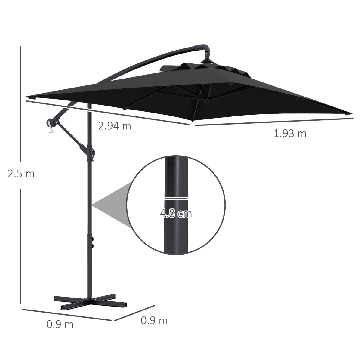 Outsunny 3m Cantilever Parasol with Crank Handle, Cross Base and 6 Ribs – Off-Centre Garden Umbrella, Black