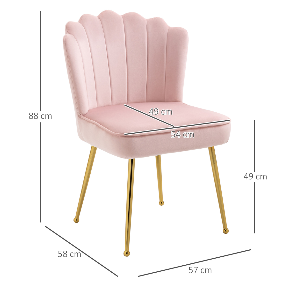 HOMCOM Velvet-Feel Shell Accent Chair with Scalloped Back & Metal Legs – Bedroom Armchair, Pink