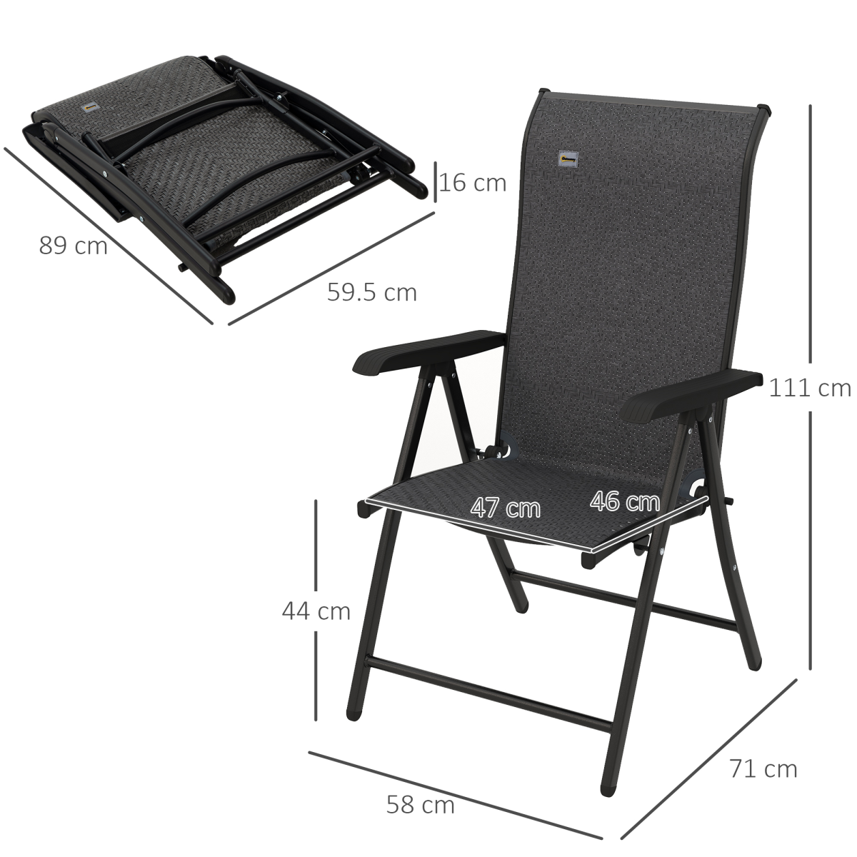 Outsunny 4-Pack Outdoor Rattan Folding Chairs with 7-Position Adjustable Backrest – Steel Frame Garden Seating, Grey/Black