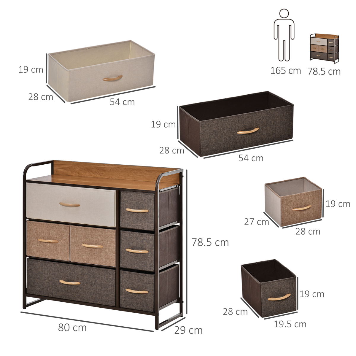 HOMCOM 7-Drawer Fabric Dresser with Steel Frame & Wood-Effect Top – Bedroom Storage Organiser