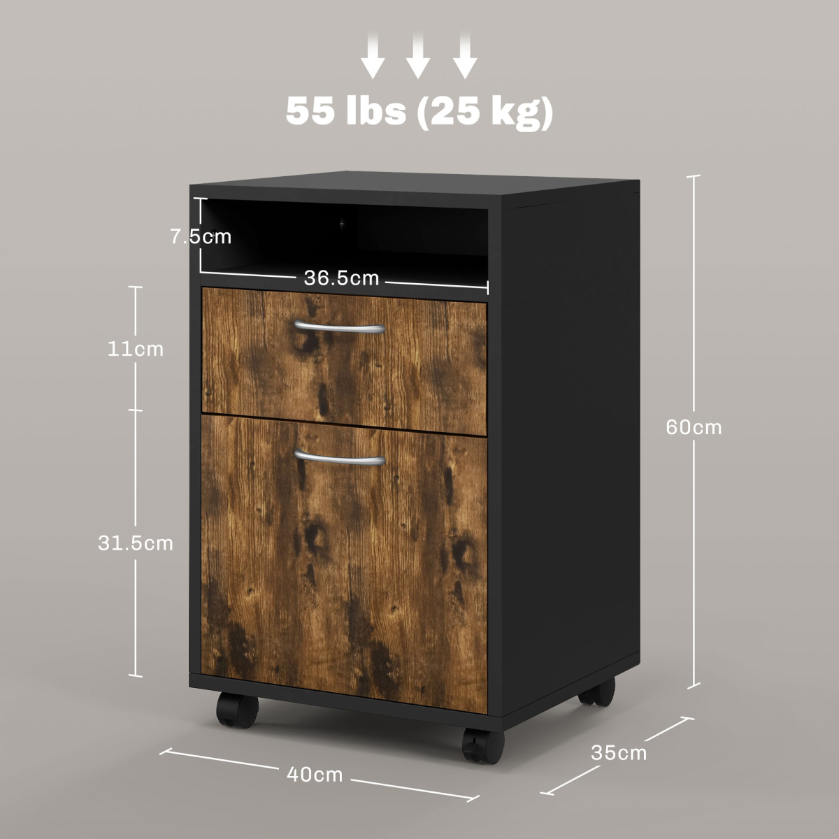 HOMCOM 60cm Mobile Storage Cabinet with Drawers, Open Shelf and Lockable Wheels – Home Office, Rustic Brown