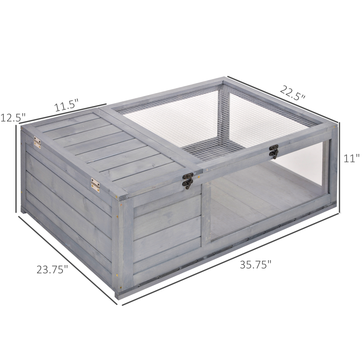 PawHut Wooden Tortoise House with Mesh Roof, Two-Room Reptile Habitat & Pull-Out Run – Grey