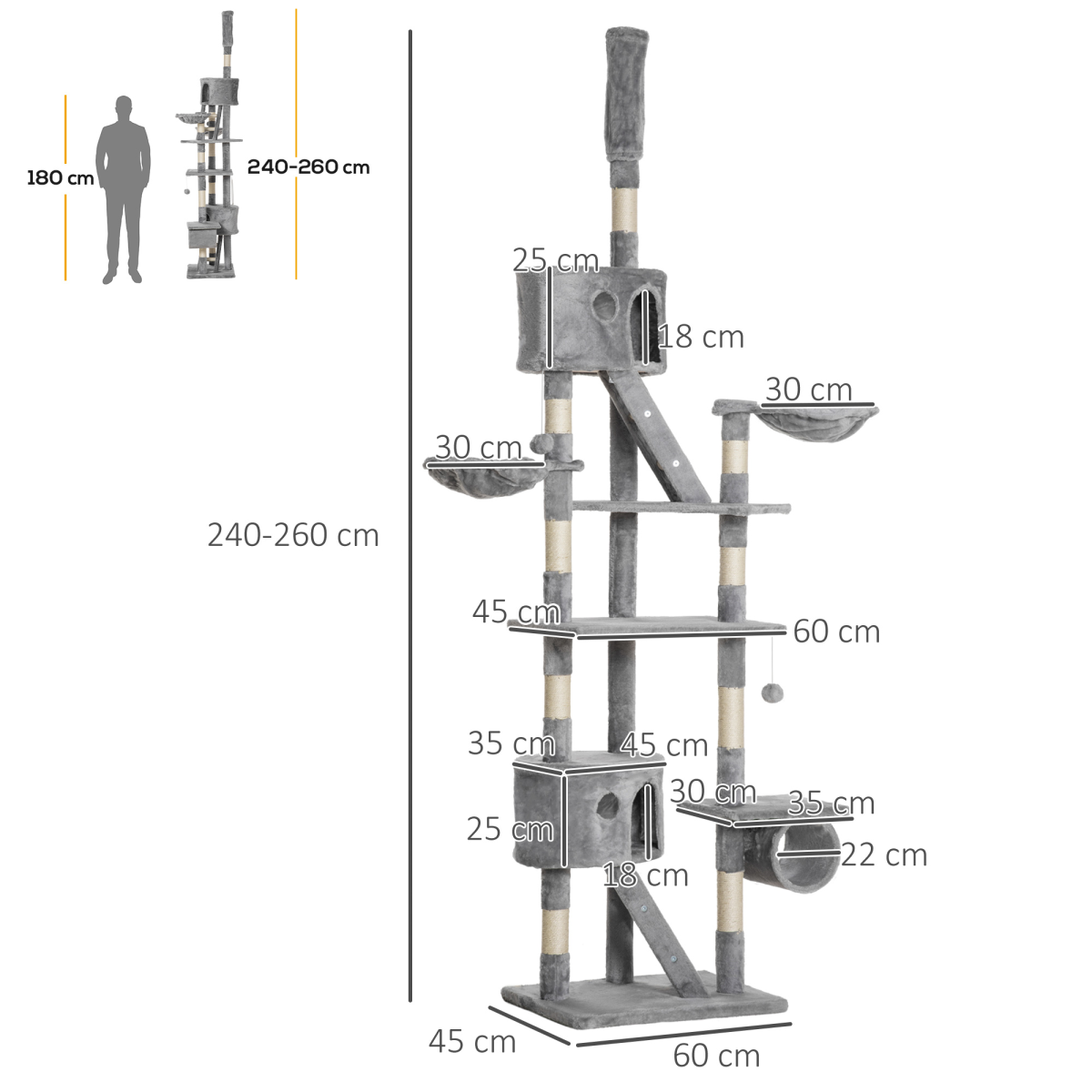 PawHut 240–260cm Floor-to-Ceiling Cat Tree with Scratching Posts, Houses & Hammocks – Cat Tower, Light Grey